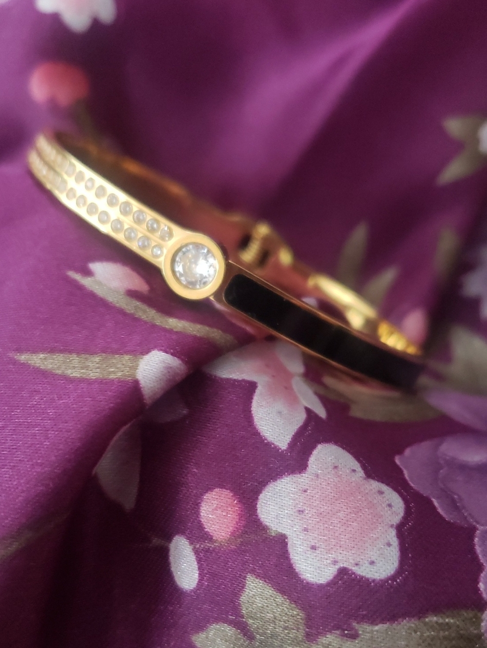 Elegant 18K Over Stainless Steel CZ Goldtone W\black Enamel & CZ Pave`